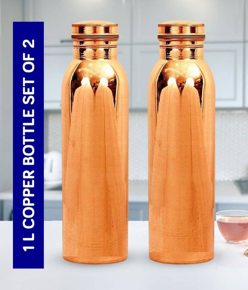 1 Liter Leak-Proof Pure Copper for Travelling Purpose, Yoga Ayurveda Healing Health Benefits (2 Bottles Set)