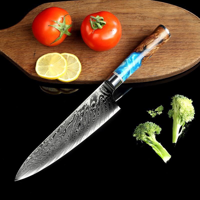 DAMASCUS STEEL KITCHEN KNIFE WITH WOODEN RESIN HANDLE