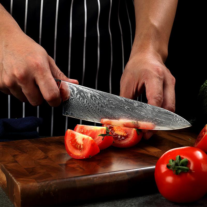 DAMASCUS STEEL KITCHEN KNIFE WITH WOODEN RESIN HANDLE