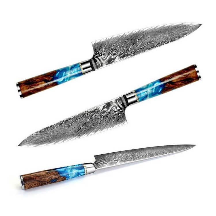 DAMASCUS STEEL KITCHEN KNIFE WITH WOODEN RESIN HANDLE