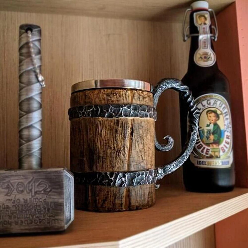 VIKING WOODEN STAINLESS STEEL TANKARD MUG